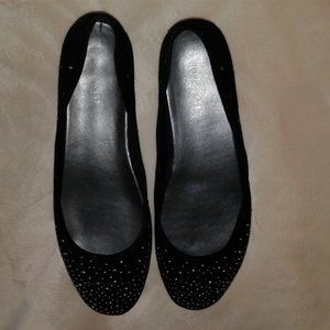 BLACK, SMALL SILVER BEADS ON TOE AND SIDES, LEATHER UPPER, BALLET FLATS, 10 M